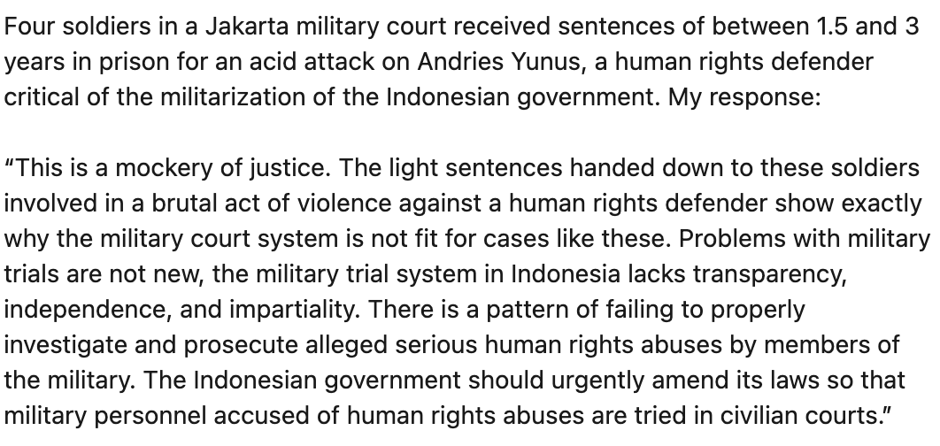 PearsonElaine's tweet photo. Quote from me responding to news in Indonesia and light sentences handed down to 4 soldiers accused of an acid attack on human rights defender - this is a mockery of justice. 👇https://t.co/6lJmpkzIyG https://t.co/94r3lifdqT