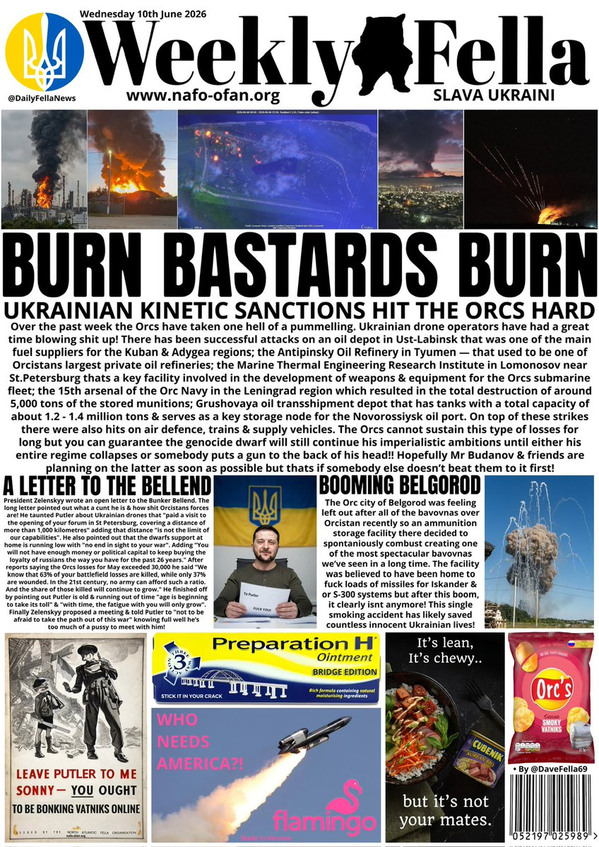 DailyFellaNews's tweet photo. It’s Weekly Fella time. Read about russia burning, Zelenskyy trolling Putin, Armenia says f-you &amp; the Alumina21 campaign gains momentum. 

Please don’t forget our fundraiser thread below. 

#WeeklyFella #DailyFella #DailyFellaNews #SlavaUkraini #NAFO https://t.co/2AMeeiJDjT
