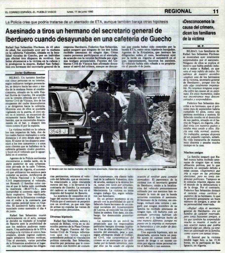 CarlosDeUrrecha's tweet photo. In Memoriam
D. Rafael San Sebastián Flechoso,
D.E.P
La Muerte no es el Final
Siempre en Nuestra Memoria
¡¡Viva España!!
¡¡Arriba España!!

10/06/1990 ETA asesinaba con 3 balazos en la cabeza por la espalda en Algorta
https://t.co/0CNnplNd9v https://t.co/39zJrfGbQK
