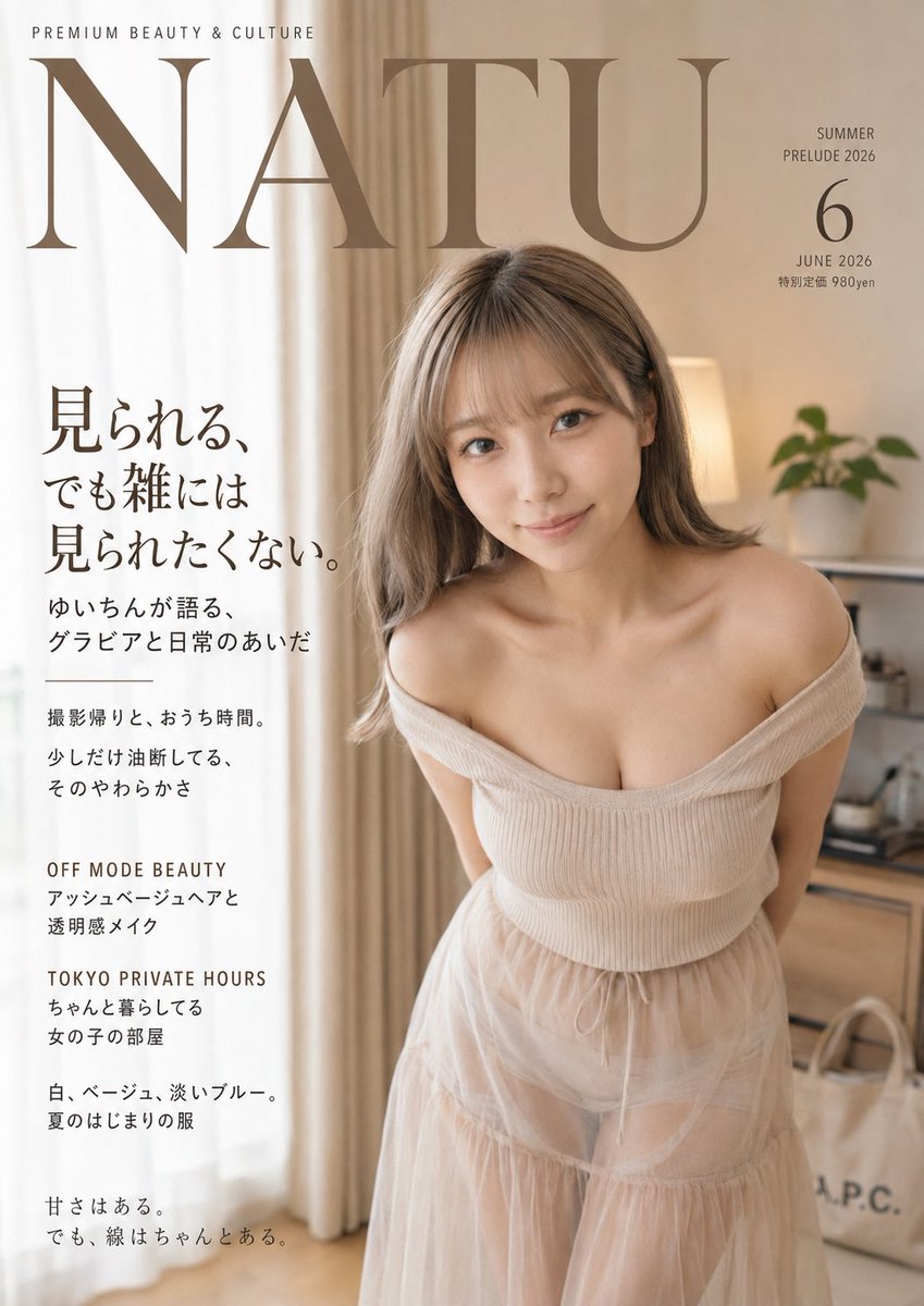 yuichin_off's tweet photo. 流行りのプロンプトで
ゆいちんを雑誌の表紙にしてもらった🤍
タイトルは NATU 🫧
見られるのは好き。
でも、雑には見られたくない。
撮影帰りとか、おうち時間とか、
少しだけ油断してるゆいちんまで
ちゃんと見てくれる人がいいな🥺💕
#AIグラビア #AI美女 #NATU #雑誌風 #ゆいちん https://t.co/hOpe0KoRrH