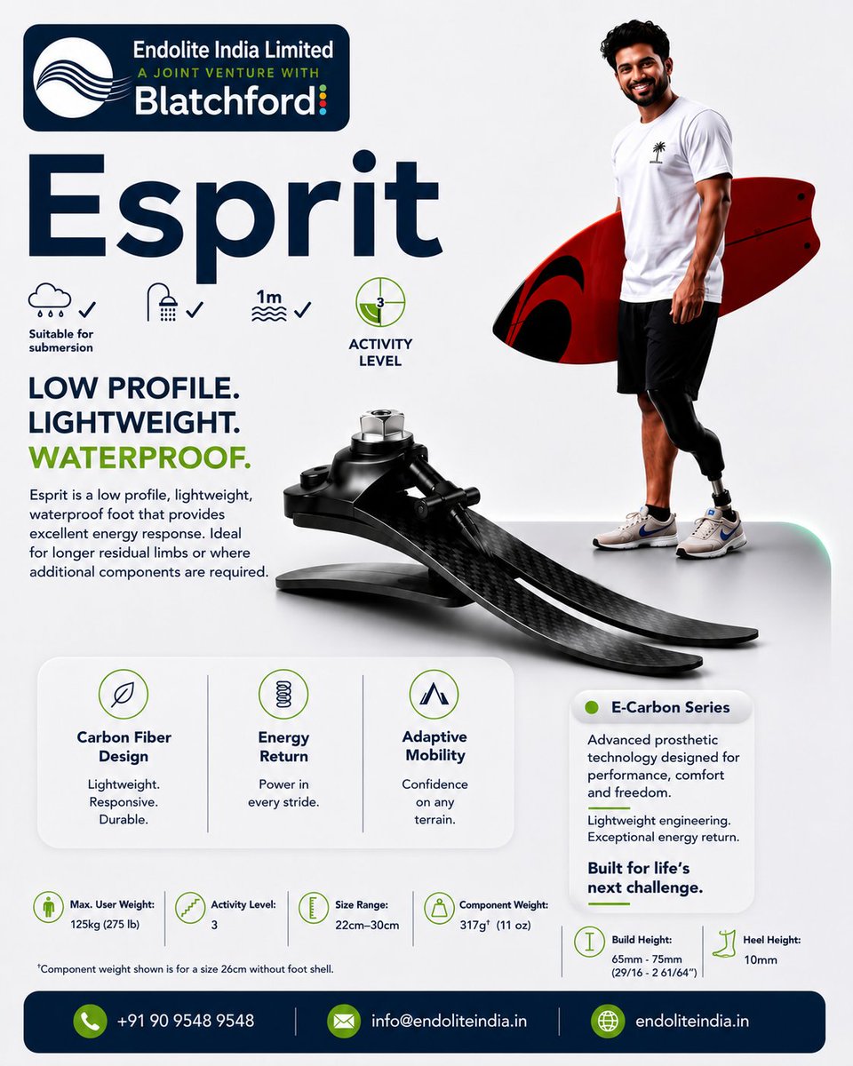 EndoliteIndia's tweet photo. Engineered for Freedom. Built for Life’s Next Challenge.  Meet Esprit by Endolite India: a low-profile, lightweight, 100% waterproof carbon fiber prosthetic foot. Redefine your mobility! #Amputee #Prosthetics #Waterproof #EspritFoot #AdaptiveMobility https://t.co/iSn4hKa6SK