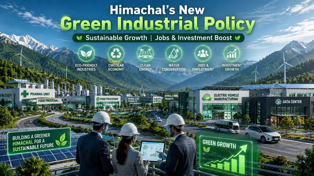 KadamSaanvi's tweet photo. Himachal Pradesh set to roll out a new Green Industrial Policy. Draft ready, focus on eco-friendly industries, investment and job creation with incentives for solar, EVs, pharma & more. Policy likely by August for next 5 years.
#HimachalPradesh #LongestServing
@CMOFFICEHP https://t.co/iBCnKwYVEf