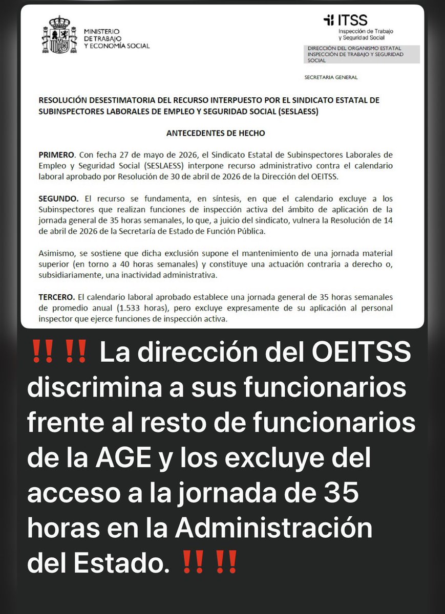 seslaess's tweet photo. ✅ Seslaess está estudiando la resolución desestimatoria notificada a los efectos de interponer el correspondiente recurso contencioso-administrativo
@Yolanda_Diaz_ @ITSS_INSPECCION https://t.co/9GXsOjFc7c