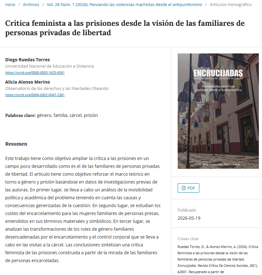 Encrucijadas's tweet photo. ¿Cómo afecta el encarcelamiento a las familias desde una perspectiva de género? 
📄 Diego Ruedas Torres y Alicia Alonso Merino analizan los costes materiales, simbólicos y el control corporal que sufren las mujeres familiares de personas presas.
🔗 https://t.co/KBQSqXfK1k https://t.co/DGloOGIhAY