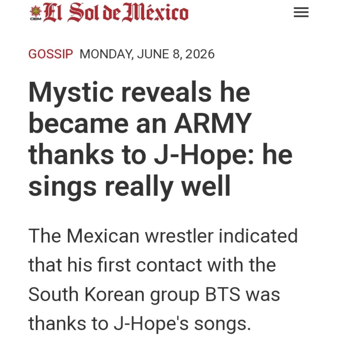 JhopePress's tweet photo. Mexican media reports 📰 The wrestler Místico revealed that his bias is j-hope and he discovered BTS thanks to j-hope's songs.

— After discovering he liked #jhope's music, the wrestler also started listening to BTS during his workouts.

🔗https://t.co/zWduoxn0GE

#제이홉 https://t.co/fXdhoeD0Ni