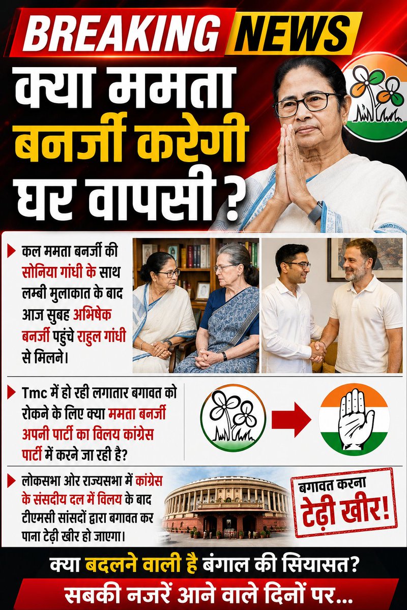 manojbhama's tweet photo. Breking news
“क्या ममता बनर्जी करेगी घर वापसी ?”
कल ममता बनर्जी की सोनिया गांधी के साथ लम्बी मुलाकात के बाद आज सुबह अभिषेक बनर्जी पहुंचे राहुल गांधी से मिलने।
Tmc में हो रही लगातार बगावत को रोकने के लिए क्या ममता बनर्जी अपनी पार्टी का विलय कांग्रेस पार्टी में करने जा रही है? https://t.co/yuhpzwMNAa