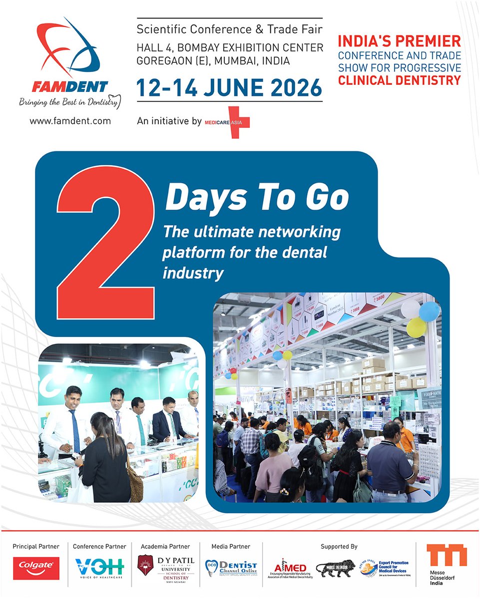 FamdentShow's tweet photo. ⏳ 2 Days to Go: The Ultimate Dental Upgrade is Just Around the Corner!

The countdown is ticking down! We are officially just 2 days away from opening the doors to India’s premier dental marketplace at Hall 4, Bombay Exhibition Center.

Register today: https://t.co/Hvu5rCsbJe https://t.co/budeXSCk3w
