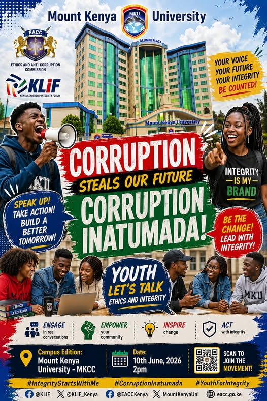 MountKenyaUni's tweet photo. Your Voice, Your Future, Your Integrity
Be Counted (Scan the code to join the movement)
Join us Today (10th June 2026 ) for EACC Campus Edition at Mwai Kibaki Convention Centre at 2:00 pm.
#UnlockwithMKU
#EACC #Integrity https://t.co/NJDmbSfQA7