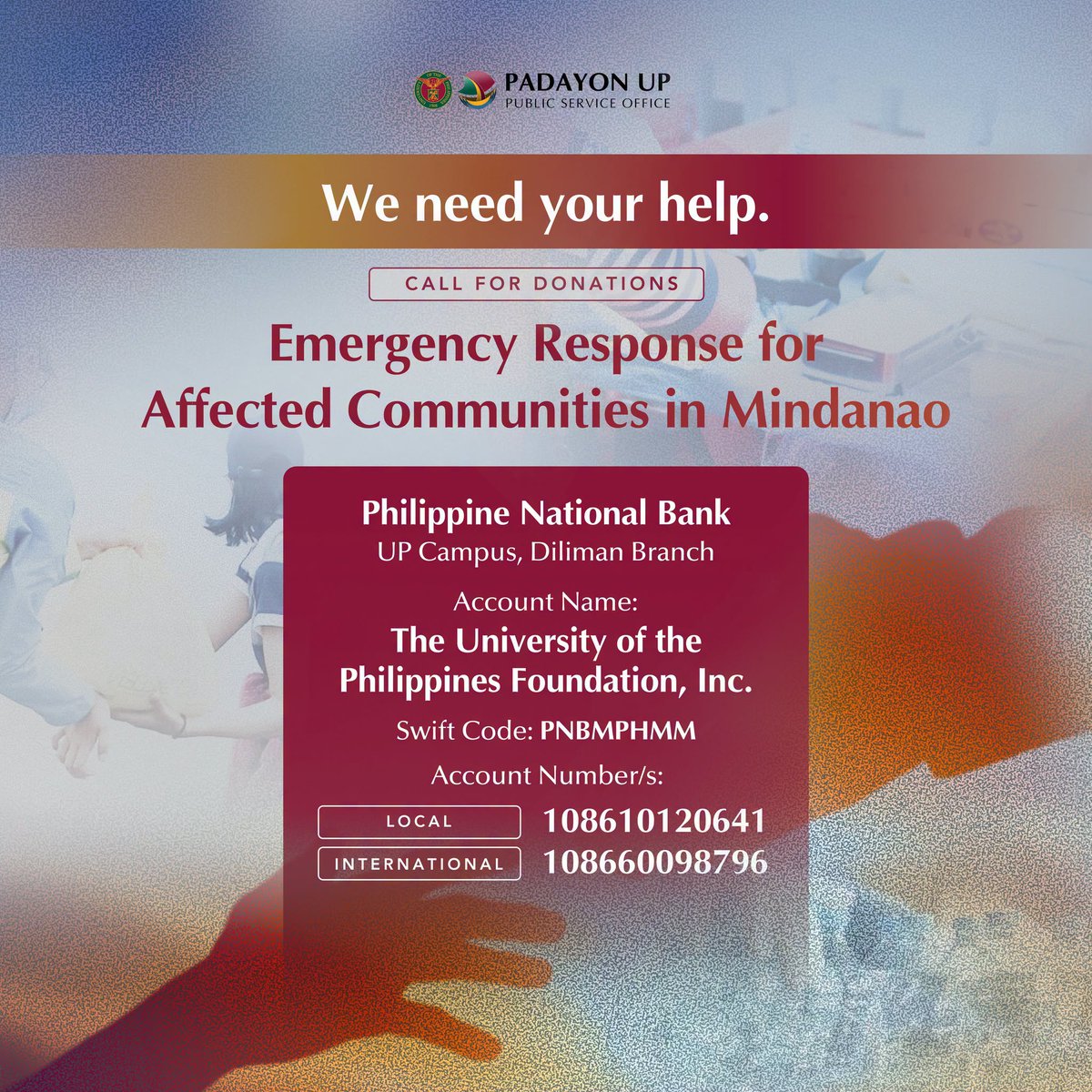 upsystem's tweet photo. READ: The Padayon UP Public Service Office is calling for donations to those affected by the recent earthquake in Mindanao.

For more details, please read their official announcement here: https://t.co/ucoqrmo6NJ https://t.co/sbQLEZ0LVO