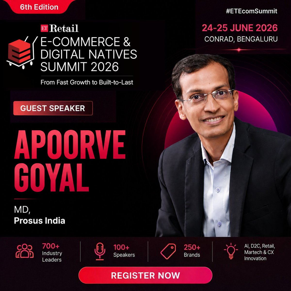 ETRetail's tweet photo. We’re delighted to have Apoorve Goyal, MD, Prosus India, join the ETRetail E-Commerce &amp; Digital Natives Summit 2026 as a Guest Speaker.

📍 24–25 June 2026 | Conrad, Bengaluru

Register now: https://t.co/HOy5MyBKBl

#ETEcomSummit #ETRetail #DigitalCommerce #StartupEcosystem https://t.co/Tsh2LQ0PSj
