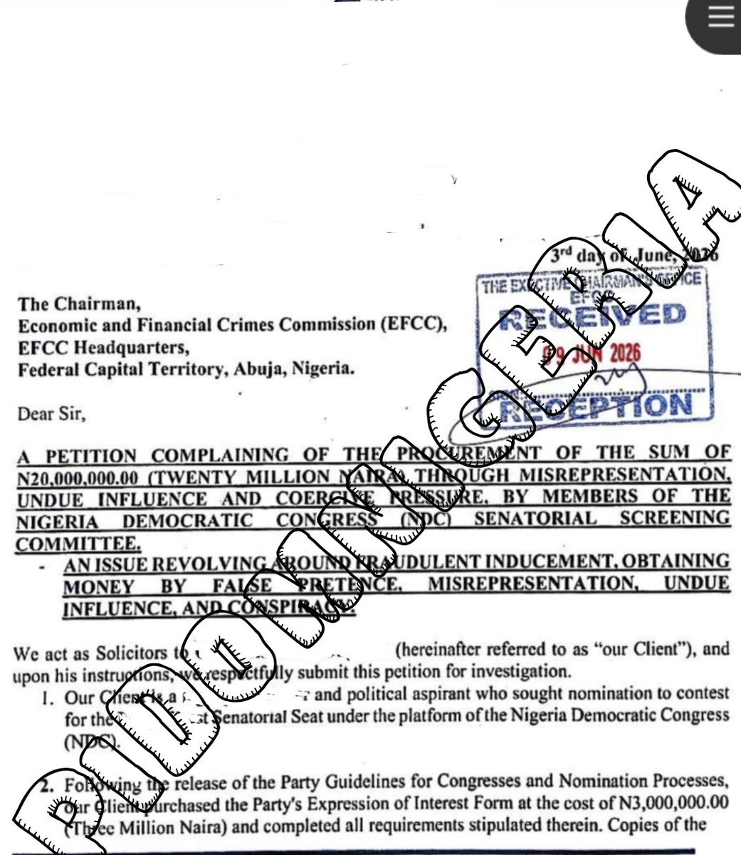 Eromosele6's tweet photo. Below is a receipt of 20,000,000 million naira that was reported scammed from the hand of a senatorial aspirant of the NDC, and a petition to that effect already sent to the EFCC @officialEFCC 

The party will milk our country dry if given the opportunity. https://t.co/rPTm5Mv6Cf