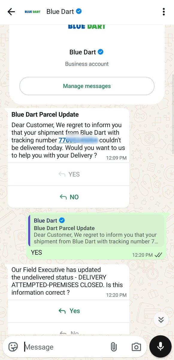 VoiceConsumers's tweet photo. #BluedartScams #ParcelScams #StayAware
No action by Bluedart, Bluedart sends a delivery message at 12:03 pm (shipment will be delivered) &amp; 4 mins, later 12:07 pm says failed due to premises closed. 
Fact: Premises is atleast 40 mins away from Bluedart local centre. https://t.co/UIEvYJLAmU