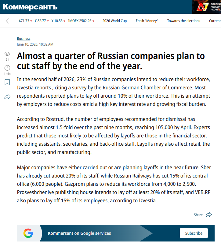 delfoo's tweet photo. 23% of Russian companies are planning to reduce their staff in H2 2026 and most are planning to lay off around 10% of their workforce in these cuts. The number of workers that are planned to be laid off has risen by 50% over the last 9 months to 105 000. https://t.co/E3TiyrYPKe