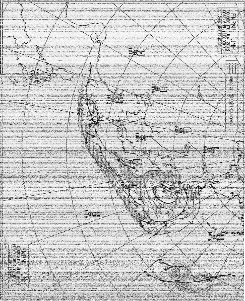 vk6ysf97230's tweet photo. Monitored JMH Tokyo, Japan
10 Jun 2026, 0709UTC

HF Marine Weather FAX
Dial Freq: 13986.6 kHz USB
Distance: 7,860 km
Decoded with FLDIGI Mode: WEFAX576

RX: Airspy HF Discovery, 10m End-fed wire sloper antenna.

https://t.co/ia7trF67Hl

#weatherfax #hffax #swl https://t.co/W1Afyl5ulm