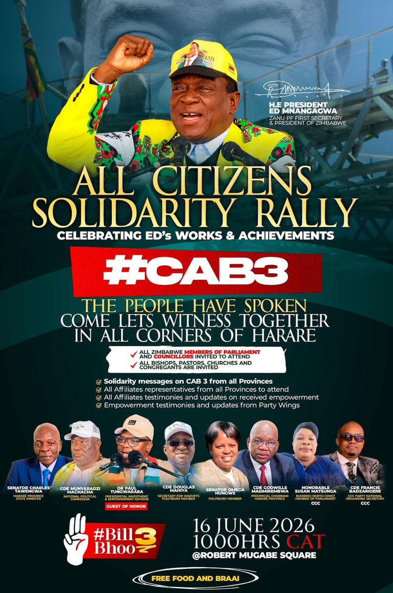 Zuluelizayo1111's tweet photo. ALL CITIZENS SOLIDARITY RALLY #CAB3 🇿🇼  
16 June 2026 | 1000HRS | Robert Mugabe Square
#EDWORKS
#ZIGBHOO
#EDTHEGAMECHANGER
#HANGO INO BAKWA ITUNGAMIGWA NABENE BAYO 
#SHANGO LIFHATWA, LIVHUSWA LARABHELELWA NGAVHANE VHALO. 
*AMANDLA 🐊💪🏽🇿🇼* https://t.co/3knvhz3ZP0