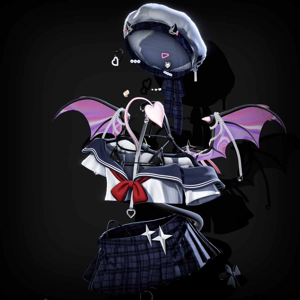 VelvetSky0423's tweet photo. 🖤DeviCuteの販売ページが明日公開されます〜！✨

BOOTH ▶ https://t.co/HcgKhNpKSu

ちょっぴりドジな小悪魔スタイルを、ぜひお楽しみください〜！🖤

**対応アバター**
Shinano, Manuka, Airi, Milltina, Lumina, Ramune, Shinra, Rurune, Mizuki, Kumaly, Mayo, Mao, Milfy, Eku, Lasyusha, Sio, Chiffon, Chocolat, Plum, Lime, Misaki

指用バンドや、さまざまなヘアピン、フェイスアクセサリー、華やかな翼など、
たくさんのアクセサリーを詰め込んで制作しました〜！✨