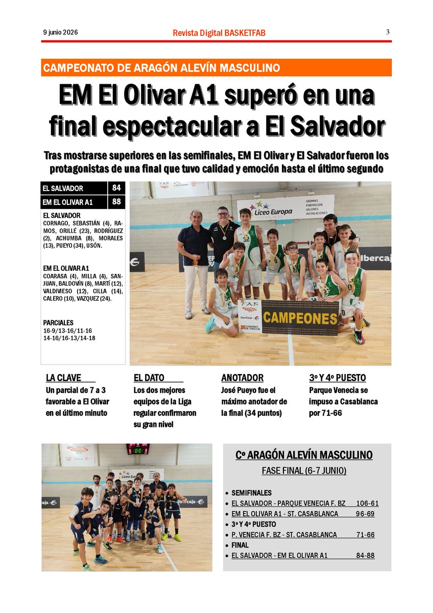 FabasketAragon's tweet photo. Revista Finales (07/06/26) con las crónicas de las finales de 2ª Aragonesa Masculina; 3ª Aragonesa Femenina; Cº Aragón Alevín Masculino; Preinfantil Masculino y Femenino A a través de https://t.co/lyxRkaeLzx a través de @fabasketaragon https://t.co/KTLiVLbKKw
