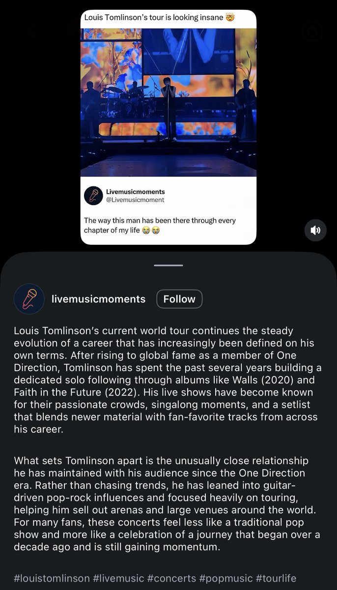 Ls28_Zp25's tweet photo. I saw this post about Louis’ concert on Live Music Moments insta page which has about 344K followers🤯🩵

The shows are truly known for passionate crowds, and singalong moments. For many fans, these concerts feel less like a traditional pop show and more like a celebration of a journey that began over a decade ago and is still gaining momentum. - The caption made me so emotional🥹It’s so true🩵I’m so proud of Louis and to be his fan🩵I love him soo much🩵 #HDWGH