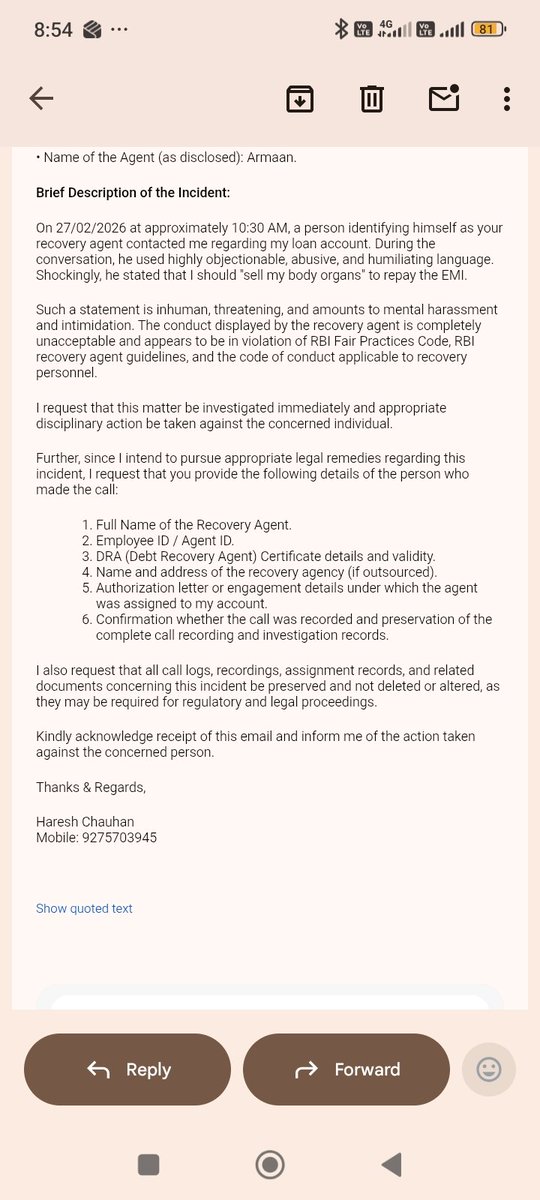 Haresh238's tweet photo. @mymoneyview All proofs I shared kindly provide details of that recovery agent. https://t.co/H6LvP6m72T