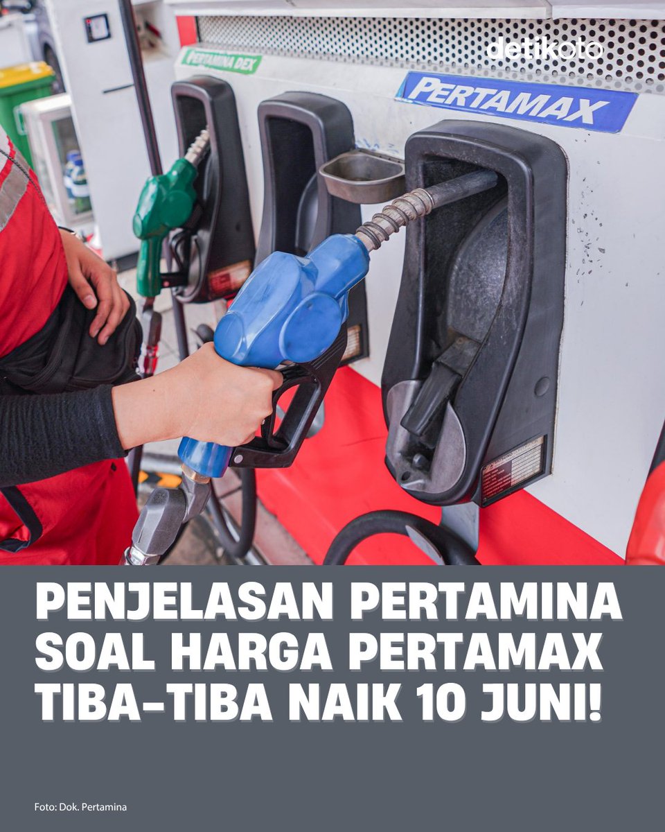 detikoto's tweet photo. Harga BBM nonsubsidi seperti Pertamax dan Pertamax Green mendadak naik per 10 Juni 2026. Padahal, penyesuaian angka umumnya terjadi di awal bulan! 😳⛽️

Apa alasan Pertamina di balik keputusan tiba-tiba tersebut? 🤔

#detikOto #Pertamina https://t.co/HhwuaHyhvo