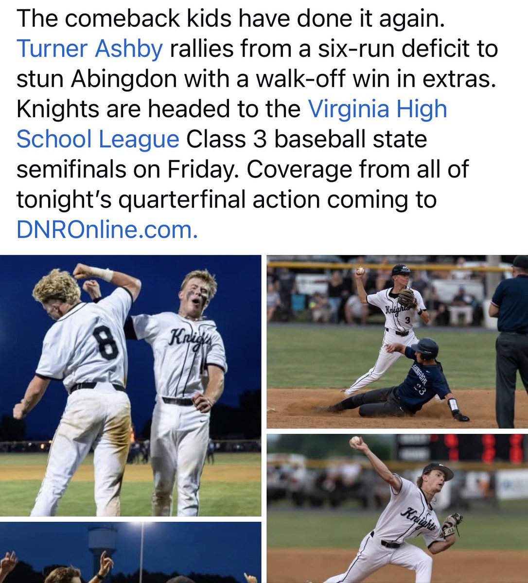 simmersvthokie5's tweet photo. GUTS. That’s the word for the TA baseball team. One of the greatest games I’ve watched in decades. Proud of the team and our #5. Big leadoff hit followed by scoring the tying run in the bottom of the sixth for @simmerscaden5. On to the state semis on Friday!#knightstrong https://t.co/Gs51Ejx0GC