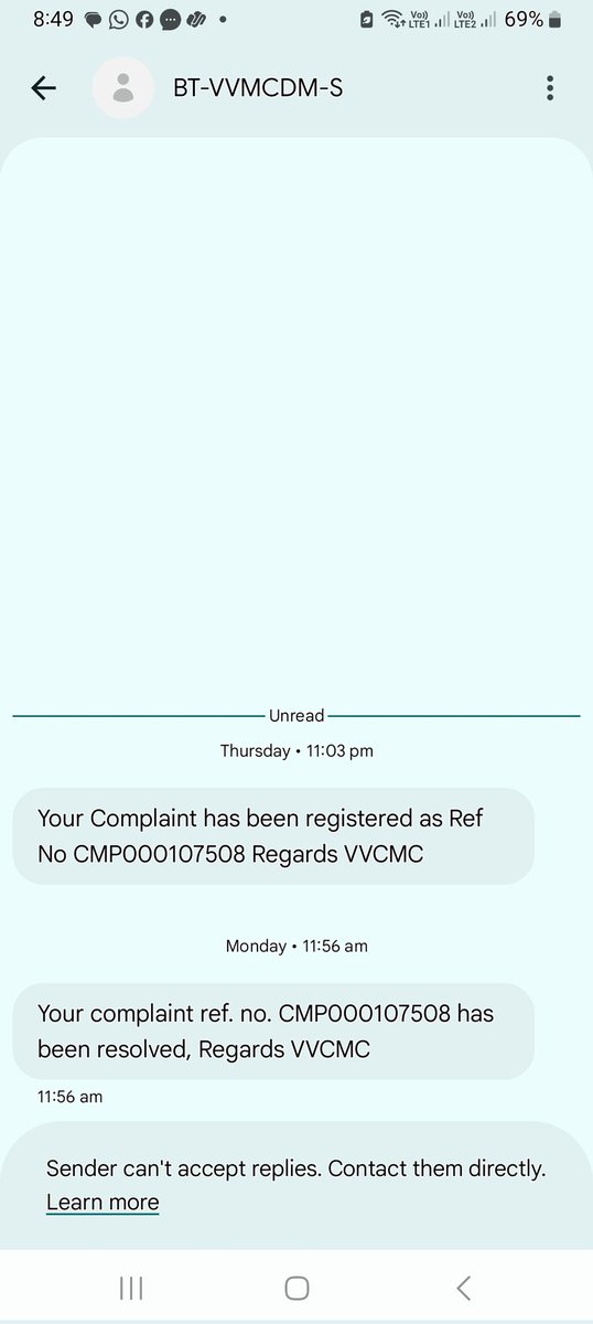 MarufRoyal's tweet photo. @vvcmc_official @kshitijhthakur 
It is disappointing to see how VVCMC handles online complaints. Whenever I submit a complaint, it gets marked as "attended" or "resolved" without any actual action being taken on the ground and without providing any update to the complainant. https://t.co/7d7ZVAhipJ