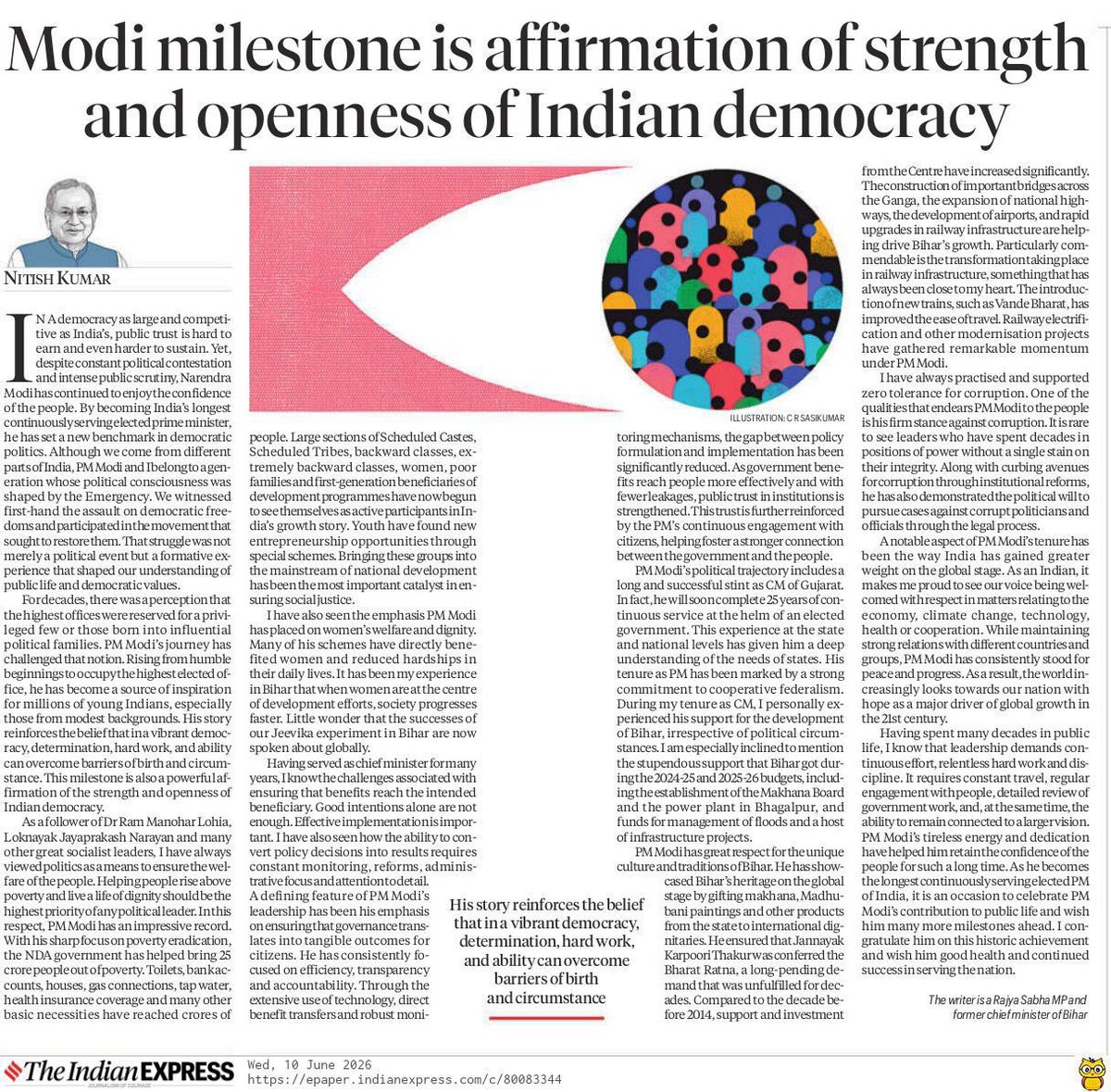 amitmalviya's tweet photo. Former Bihar Chief Minister Nitish Kumar ji captures the significance of this historic moment with clarity and conviction.

As Prime Minister Narendra Modi becomes India’s longest-serving elected Prime Minister, it is not merely a personal milestone, it is an affirmation of the strength, openness and resilience of Indian democracy.

From empowering the poor, women, youth and marginalized communities to ensuring transparent governance, rapid infrastructure development and India’s rising global stature, the last 4,399 days have transformed aspirations into achievements.

Nitish Kumar ji rightly notes that PM Modi’s journey, from humble beginnings to the highest elected office in the country, reinforces the belief that in a vibrant democracy, determination, hard work and commitment to public service can overcome every barrier.

This milestone reflects the enduring trust of the people and the success of a governance model centred on development, inclusion and national progress.

As India advances towards Viksit Bharat 2047, the journey of service continues with renewed resolve and greater purpose.

#LongestServingElectedPMModi