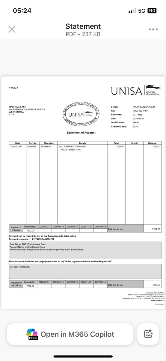 Hi, I’m kindly asking for financial assistance as I owe R7,200 to UNISA ...