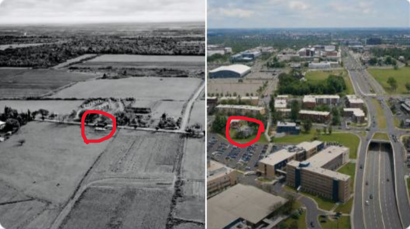 alinw's tweet photo. @ArchVillequebec A remarquer la petite maison blanche elle  est encore debout située sur le terrain du Cégep de Sainte-Foy https://t.co/d7vBghiHQz