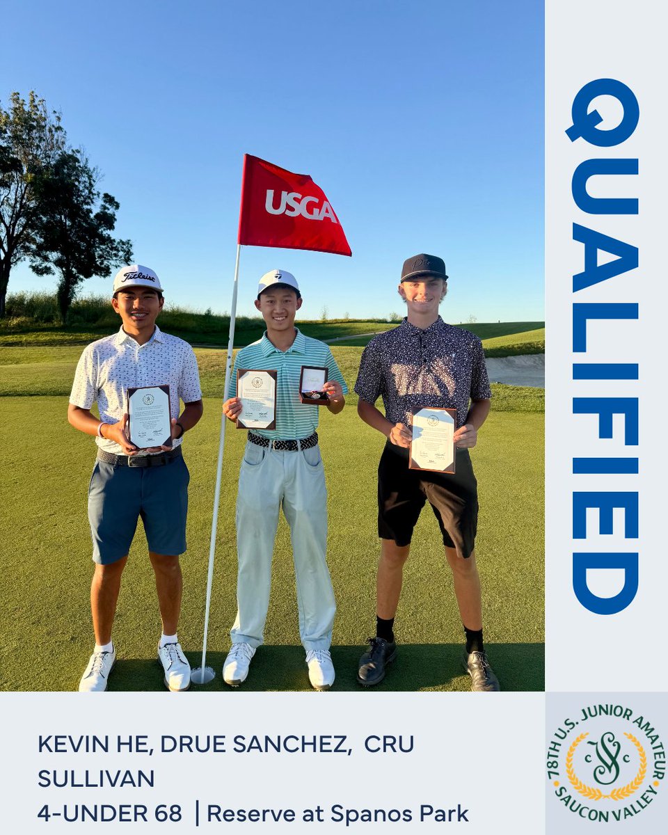 ncga1901's tweet photo. Sharing the Hardware: Kevin He, Drue Sanchez & Cru Sullivan shared medalist honors (literally) at Tuesday's #USJunior qualifying event at Reserve at Spanos Park in Stockton---all three are next headed to Saucon Valley 👏https://t.co/cW0RT37T4j https://t.co/crOAtFQI72