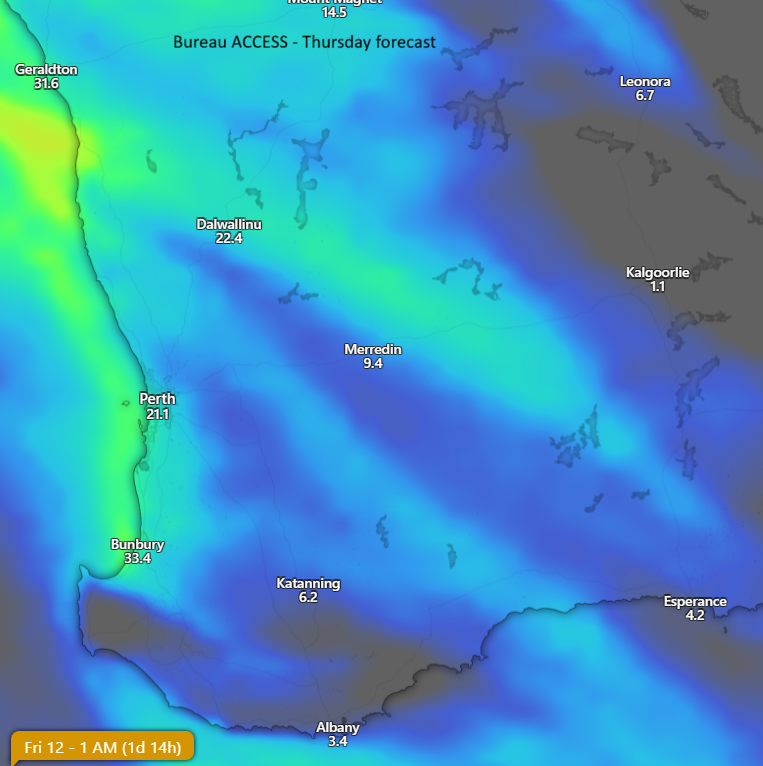MeredithGuthr15's tweet photo. Latest @DPIRDbroadacre rainfall map from 1 April, with Pemberton 282 mm and Ongerup 14 mm. Tomorrow's rain forecast @Windycom GFS has more wide spread rain than ECMWF and Bureau. 🤞it rains everywhere. #climate https://t.co/eyDrA9lz7z