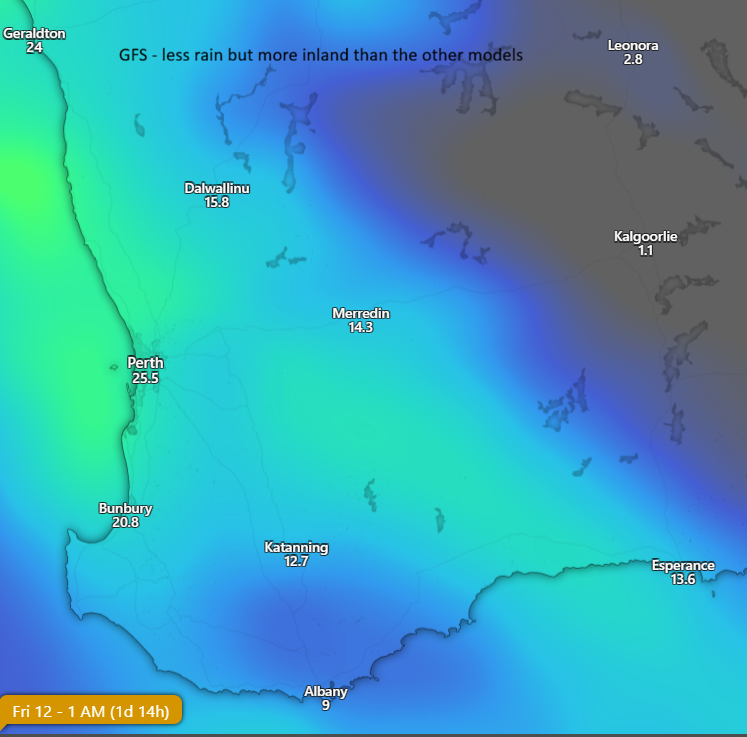 MeredithGuthr15's tweet photo. Latest @DPIRDbroadacre rainfall map from 1 April, with Pemberton 282 mm and Ongerup 14 mm. Tomorrow's rain forecast @Windycom GFS has more wide spread rain than ECMWF and Bureau. 🤞it rains everywhere. #climate https://t.co/eyDrA9lz7z