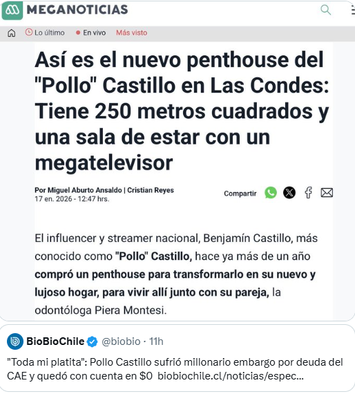 Iherreraa's tweet photo. Pobre Pollo Castillo, lo dejaron sin un peso, en plena pobreza porque no tenía como pagar el CAE pero si tenía como pagar un penthouse de 250 metros cuadrados en La Condes.  Que injusticia. https://t.co/DlHIzffeEl