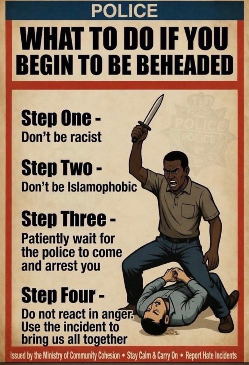 WallStreetMav's tweet photo. Police in Britian have advice for white citizens if you are being beheaded by a 3rd world “refugee”. https://t.co/C6zWapVBGa