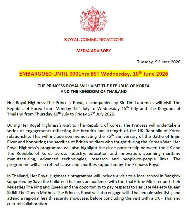 sarahdiaryz's tweet photo. The Princess Royal and Sir Tim Laurence will visit Korea between July 13 to 15, and Thailand between July 16 to 17 🇹🇭🇰🇷🇬🇧

In Thailand, they will meet The King &amp; Queen of Thailand,  and pay respect to Queen Sirikit The Queen Mum who died last year

📸 with thanks to @rwthofficial https://t.co/oeEciB6zan