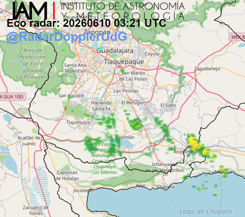 RadarDopplerUdG's tweet photo. Esta noche , tras la disipación del ciclón post-tropical Boris se esperan episodios de lluvia moderada principalmente en zonas montañosas y al sur del estado. Por el momento se registra #lluvia ligera a moderada en la región ciénega: #Cajititlan, Mezcala, #Atotonilquillo. https://t.co/LJd2aW8nDb