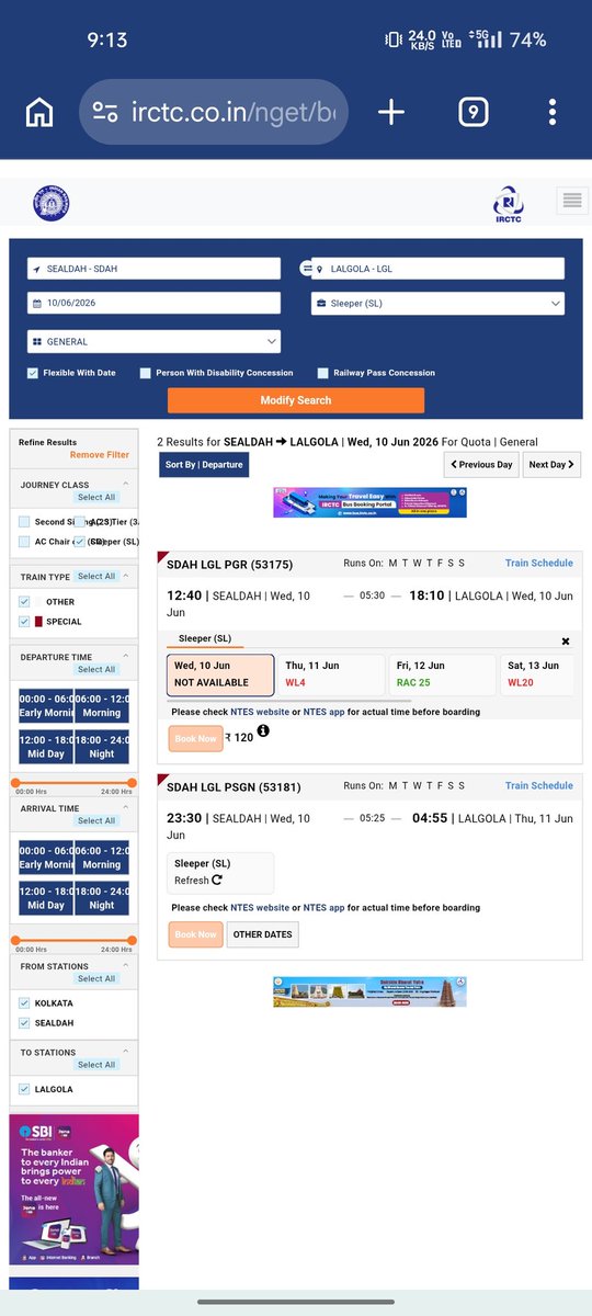 sujay9911's tweet photo. Dear @IRCTCofficial,@RailwaySeva @RailMinIndia  @EasternRailway Train 53175 (SDAH-LGL) chart vacancy shows multiple vacant berths after chart preparation, but booking shows "Not Available". If seats are vacant, why can't passengers book them? Kindly clarify.  @AshwiniVaishnaw https://t.co/1njkNGFNUE