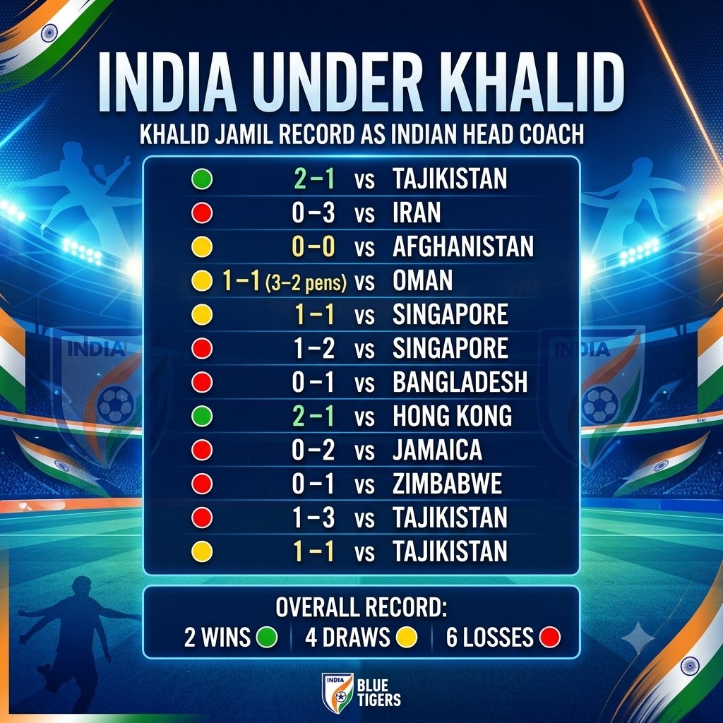 Football_IND15's tweet photo. 6 losses, 2 win.
Khalid as Head Coach of India.

#IndianFootball https://t.co/sEfiEq0SgH