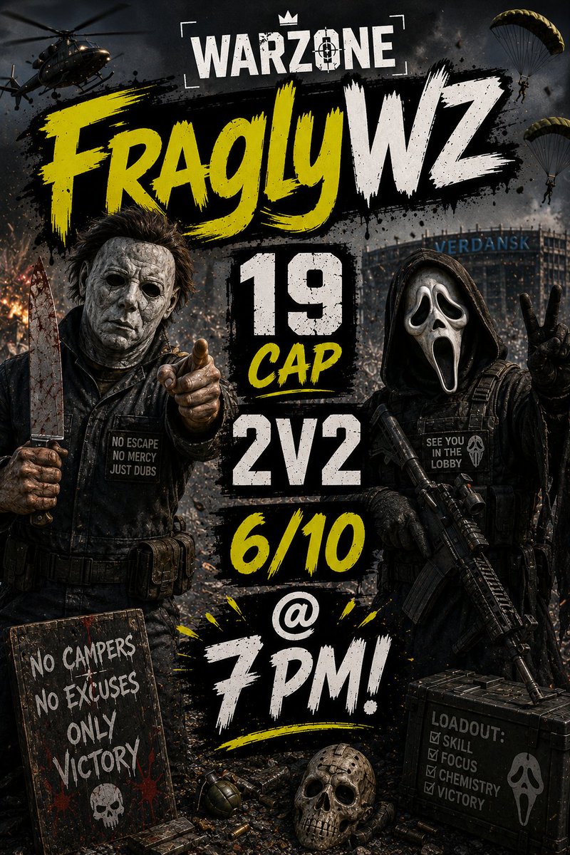 FraglyWZ's tweet photo. 🚨 FraglyWZ 19 Cap 2v2 🚨

📅 June 10
⏰ 7:00 PM EST
Grab your duo and get ready to compete! 💥

Get signed up in the Discord before spots fill up!
#Warzone #CallOfDuty #WarzoneCommunity #FraglyWZ #2v2 https://t.co/l5fhk2lnJ5