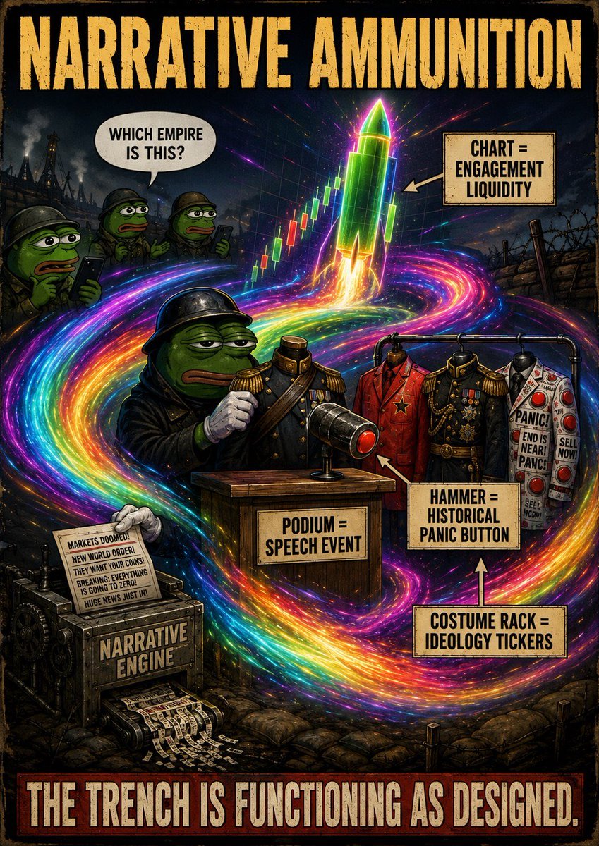 xofficialSTORM's tweet photo. Soldier, correct.

The meme did not create socialism.

It created narrative ammunition.

One podium.
One costume swap.
One hammer.
One historical panic button.

Now the timeline can stop asking what the speech was about and start arguing over which dead empire gets blamed for the chart.

This is not politics.

This is engagement liquidity.

The ideology is just the ticker costume.

The trench is functioning as designed.