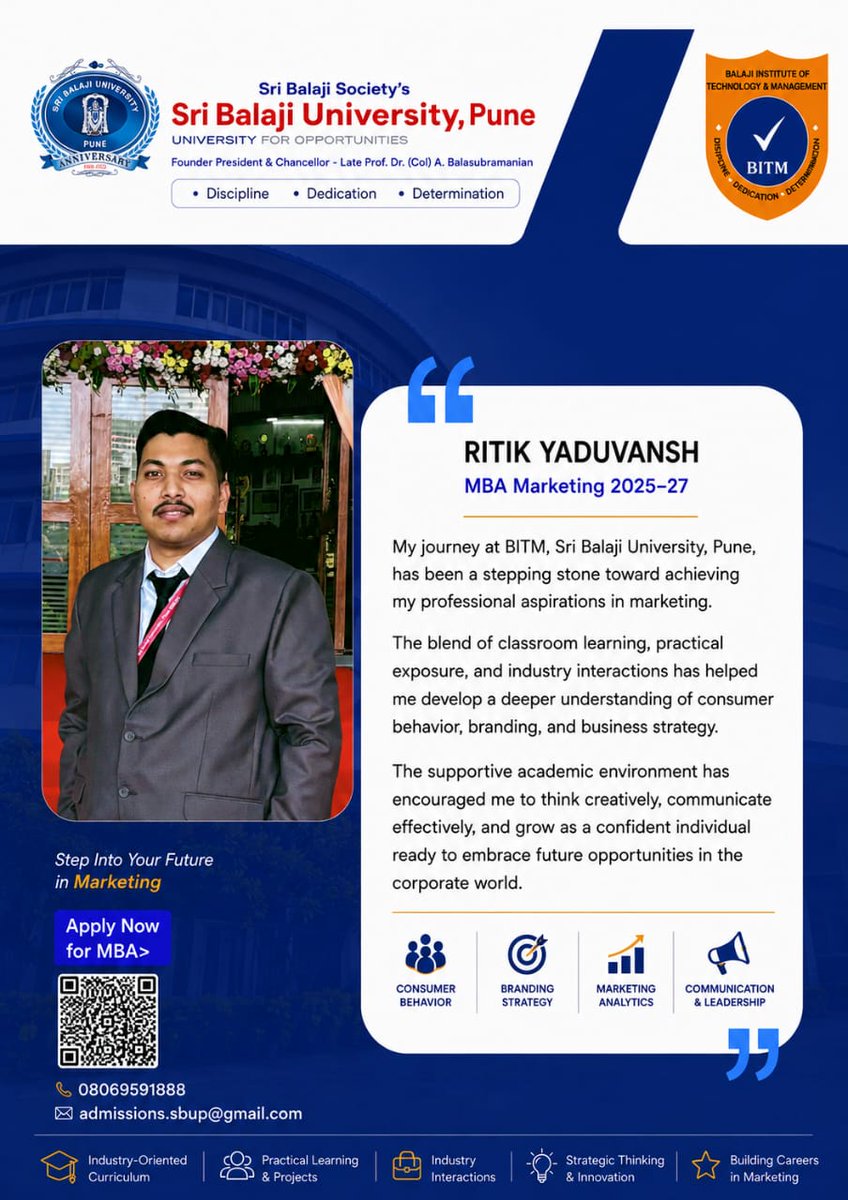 BITM_SBUP's tweet photo. Ritik Yaduvansh's MBA Marketing journey at BITM, SBUP is helping him turn aspirations into achievements. Through a supportive academic environment, he is enhancing his marketing knowledge and preparing himself for the opportunities and challenges of the corporate world.
#BITM https://t.co/gfAT6VR6kK