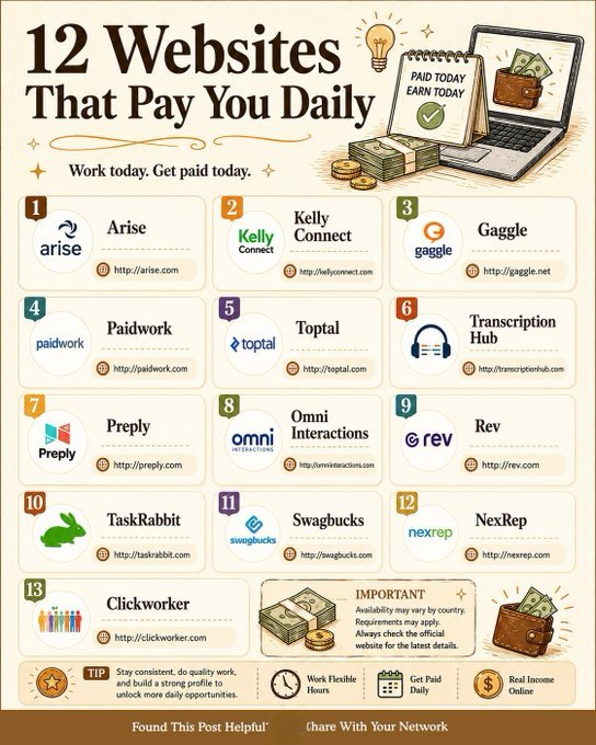 itsAsgherAli's tweet photo. 12 Websites That Pay Daily 💸

* https://t.co/3sZ0aFJaYh
* https://t.co/X41mnpB3cQ
* https://t.co/X90PeRxILd
* https://t.co/Eocsxb7iNZ
* https://t.co/55pc6v8ays
* https://t.co/QiiZw3UpY3
* https://t.co/FcHFgj0fa7
* https://t.co/yRr2D6snLG

Follow 
@itsAsgherAli
 🚀
Comment “AI” https://t.co/M3meD84ApK