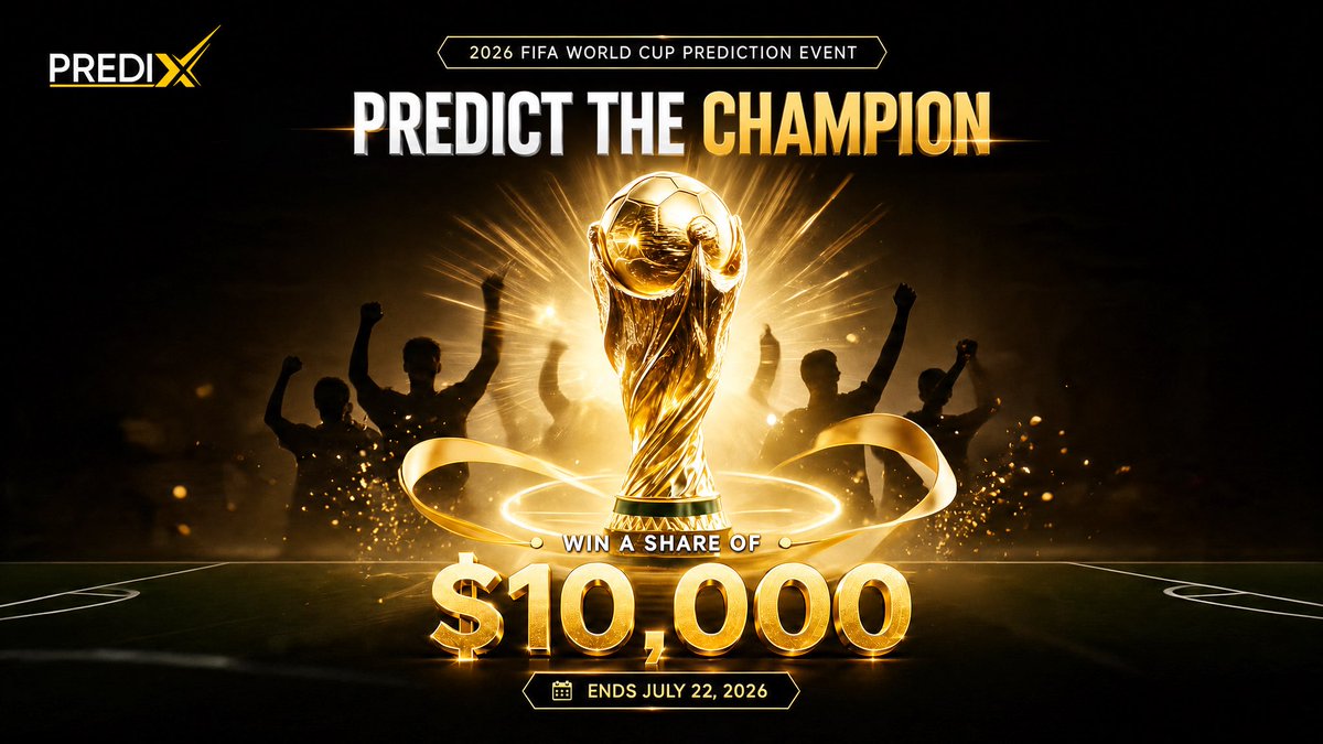 Coincrazy_Kr's tweet photo. 🏆 PrediX FIFA World Cup 2026 Prediction Event 🌎⚽️

Who will become the champion of the 2026 FIFA World Cup?

Make your prediction on PrediX and compete for a share of the $10,000 prize pool! 🚀

⏰ Event Period
Until July 22, 2026, 23:59 UTC

📌 How to Participate

1️⃣ Follow PrediX and join the Mega Space channel

2️⃣ Quote Repost the official PrediX event post
• Your quote repost must remain publicly visible until July 22
• Thoughtful and high-quality posts may receive additional consideration compared to simple participation posts

3️⃣ Earn at least 300 PrediX Testnet Points

⭐️ Access the latest version: PrediX Beta
⭐️ Submit your entry via the official Google Form

🎁 Total Prize Pool: $10,000

🥇 1st Place - $4,000
🥈 2nd Place - $2,500
🥉 3rd Place - $1,500
🏅 4th–5th Place - $500 each
🎖 6th–10th Place - $200 each

⚠️ Important Notes

• Accounts identified as bots or engaging in suspicious activity will not be eligible for rewards
• Winners may be disqualified if multiple accounts, abuse, fraudulent participation, or other unfair activities are detected
• PrediX reserves the right to revoke rewards if violations of event policies are discovered
• Event details may be modified depending on operational circumstances

🔥 Predict the next FIFA World Cup Champion, participate in the PrediX Testnet, and become one of the winners sharing the $10,000 prize pool!
