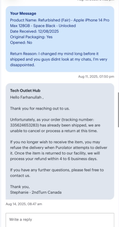 LavishPumps's tweet photo. @BestBuyCanada marketplace seller told me in writing to refuse a $717.54 iPhone 14 delivery (Order #1024338670). I did, but a Purolator error marked it as delivered.

Now Best Buy has locked the chat. Keeping my money violates the Ontario Consumer Protection Act. Fix this mess. https://t.co/soTwAbzYB4