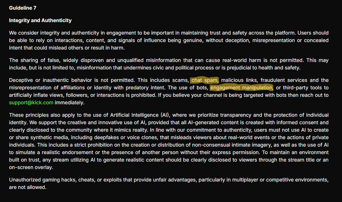 Saphnir's tweet photo. I can genuinely see why KICK suspended your account due to emote spamming aka chat engagement manipulation which is against Community Guidelines. Emote Spamming is being used to "support" your fellow creators. 

You have spammed 50+ channels within the passed few days all around exactly the same time which is called chat botting aka chat scripts. 

I also brought my receipts too 👀