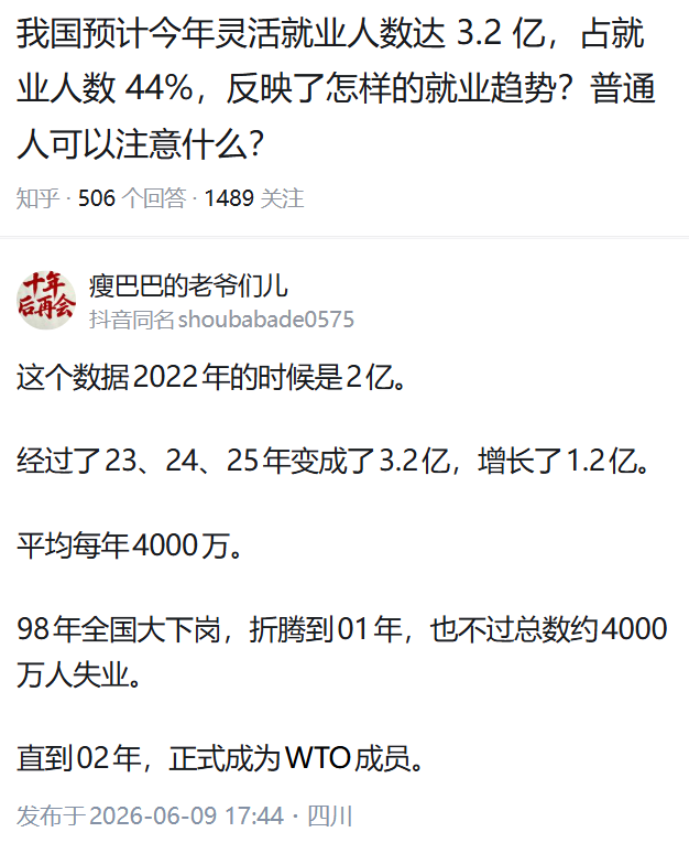 williamlong's tweet photo. #知乎问答
问：我国预计今年灵活就业人数达 3.2 亿，占就业人数 44%，反映了怎样的就业趋势？普通人可以注意什么？
答：这个数据2022年的时候是2亿。
经过了23、24、25年变成了3.2亿，增长了1.2亿。
平均每年4000万。
98年全国大下岗，折腾到01年，也不过总数约4000万人失业。
直到02年，正式成为WTO成员。