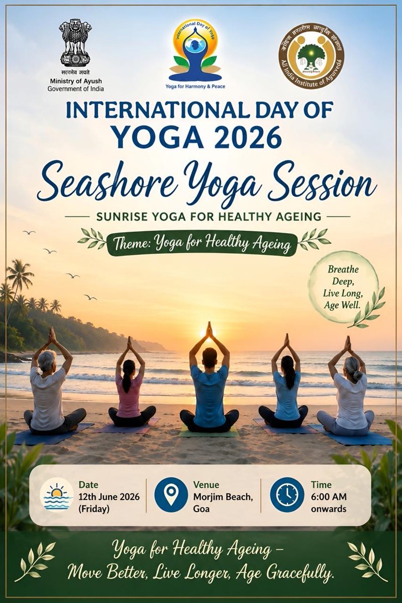 AiiaGoa's tweet photo. On the occasion of the International Day of Yoga 2026, a Seashore Yoga Session is being organized by the All India Institute of Ayurveda, Goa, on 12th June 2026 at 6:00 AM at Morjim Beach, Goa. https://t.co/WLphMXgute
