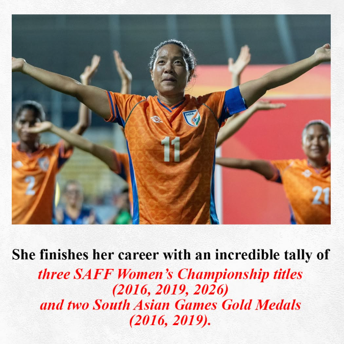 NESports1234's tweet photo. End of an era 🙏
#GraceDangmei, you’ve given India unforgettable football memories.
Three #SAFF trophies, #SouthAsian Games golds and inspiring a generation of girls to dream big. ⚽
Thank you for your legacy in #Indianfootball ❤️
#YouthEmpowerment #T20WorldCup #Wade
#Shakur https://t.co/1YVbOhp7jp