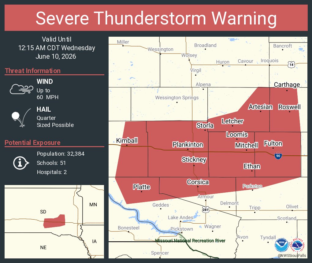 NWSSiouxFalls's tweet photo. Severe Thunderstorm Warning including Mitchell SD, Platte SD and  Plankinton SD until 12:15 AM CDT https://t.co/uy9Hhhr49u