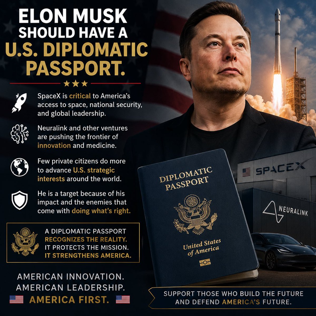 Dialogusapertus's tweet photo. Elon should receive a U.S. diplomatic passport.
Because SpaceX has become critical to America’s access to space, national security, satellite communications, and technological leadership. Neuralink and his other ventures are pushing the frontier of innovation.

Few private citizens play a larger role in advancing U.S. strategic interests globally.

Whether you agree with him politically or not, the reality is that he represents American innovation on the world stage and faces significant risks because of it.

A diplomatic passport would recognize that reality.